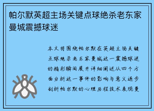 帕尔默英超主场关键点球绝杀老东家曼城震撼球迷