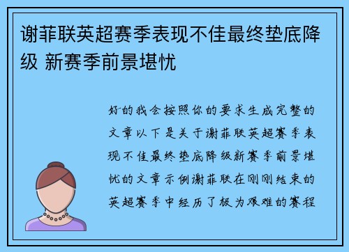 谢菲联英超赛季表现不佳最终垫底降级 新赛季前景堪忧